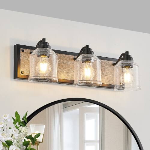 Left. LUCKY ONE - 23in Wall Mount Vanity Light, 3-Light Farmhouse Black Wood Sconce with Seeded Glass Shades - Black.