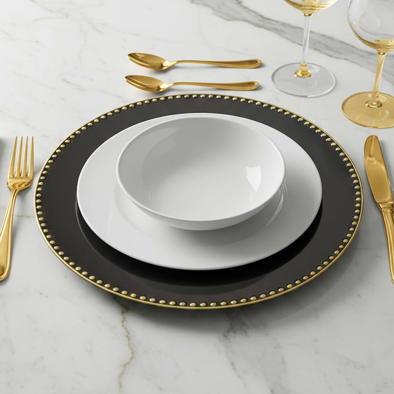 Left. American Atelier - Beaded Black & Gold Set of 4 Charger Plates 13"D - Black.