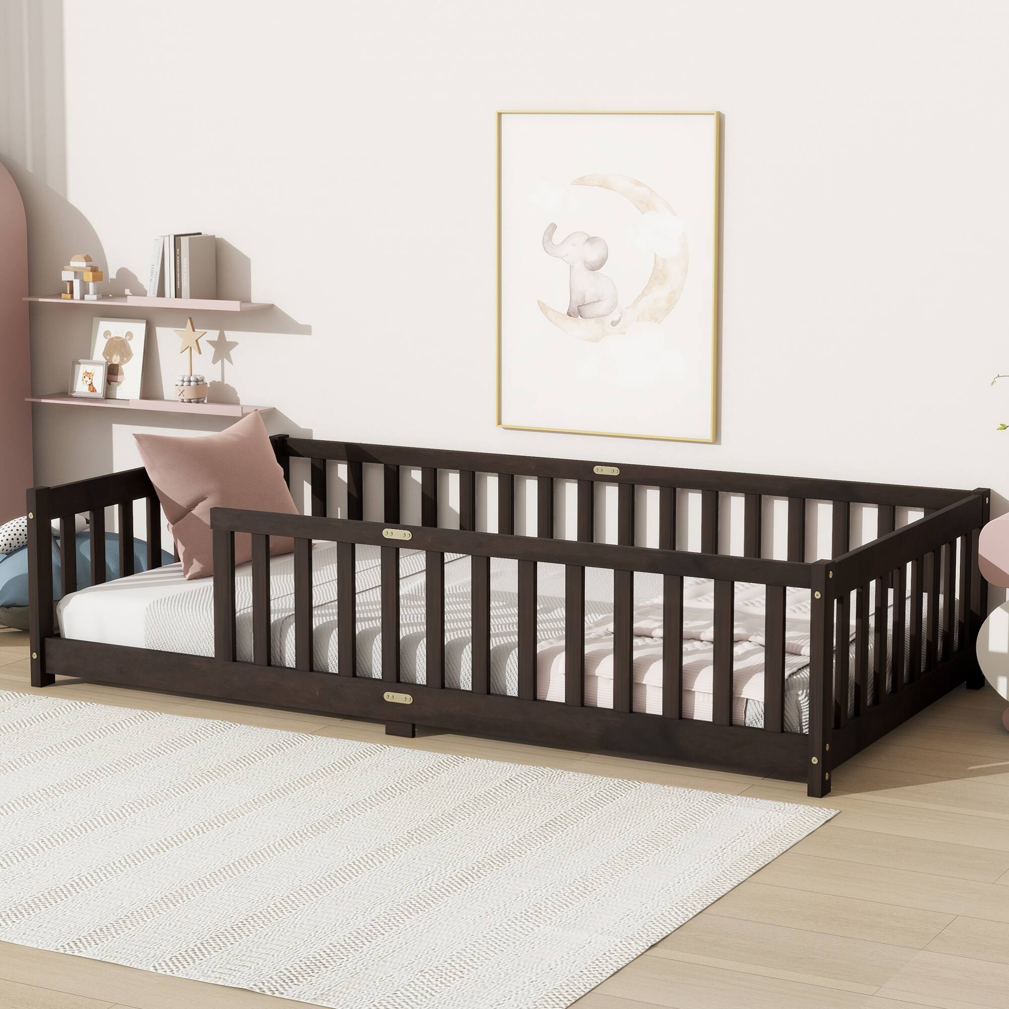 Left. GOODSILO - Twin Size Floor Bed with Safety Fence for Kids, Sturdy Rubber Wood Construction, Easy Assembly - Espresso.