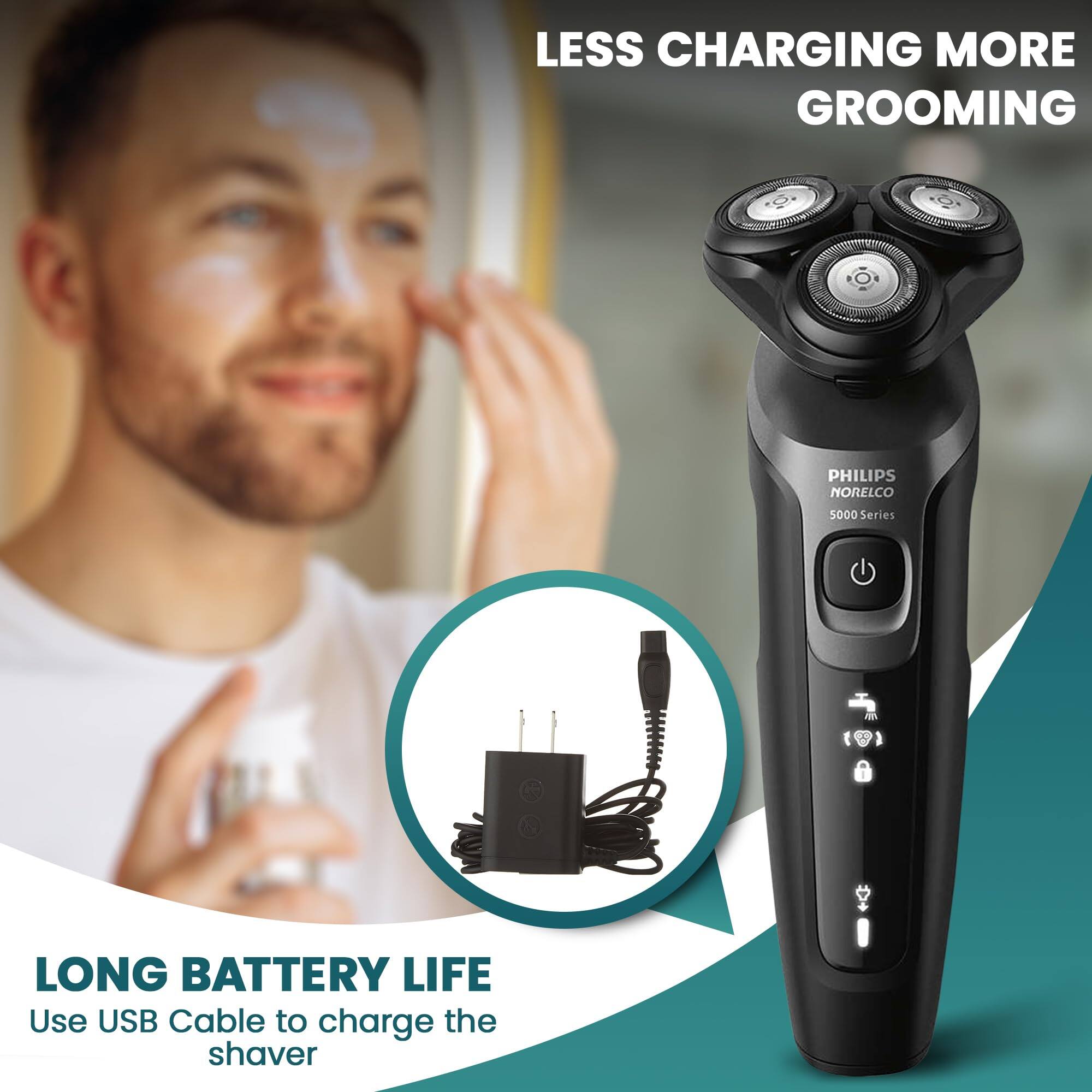 LESS CHARGING MORE GROOMING  
PHILIPS NORELCO 5000 Series  
LONG BATTERY LIFE  
Use USB Cable to charge the shaver