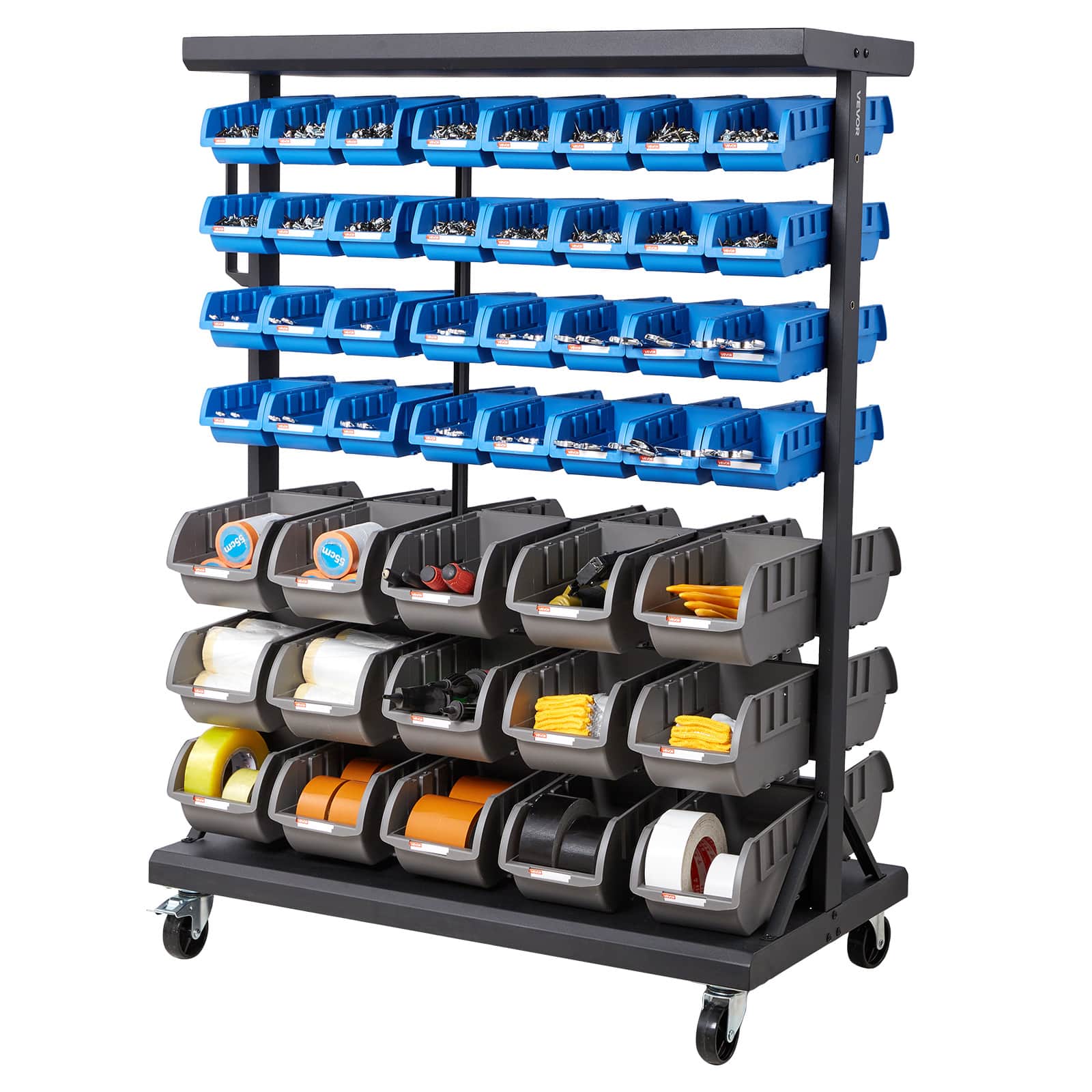 VEVOR - 7-Tier Double-Sided Rolling Bin Storage Rack, 94 Plastic Bins, Dual-Sided Parts Organizer with Wheels - Black