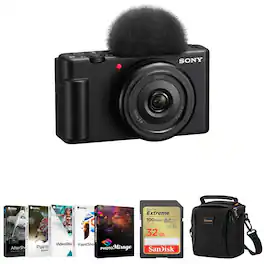 Bundle - Sony - ZV-1F Vlogging Camera, Black with Corel PC Software Kit, 32GB SD Card, Shoulder Bag