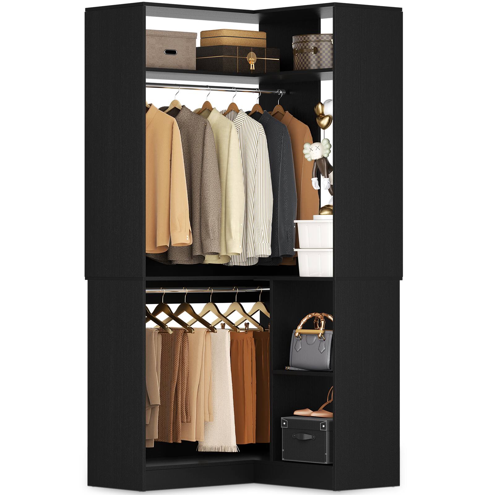 Alt View 1. Aheaplus - Corner Closet System with 2 Hanging Rods, 33.5'' L Shaped Closet Organizer with 6 Shelves for Clothing Storage - Black.