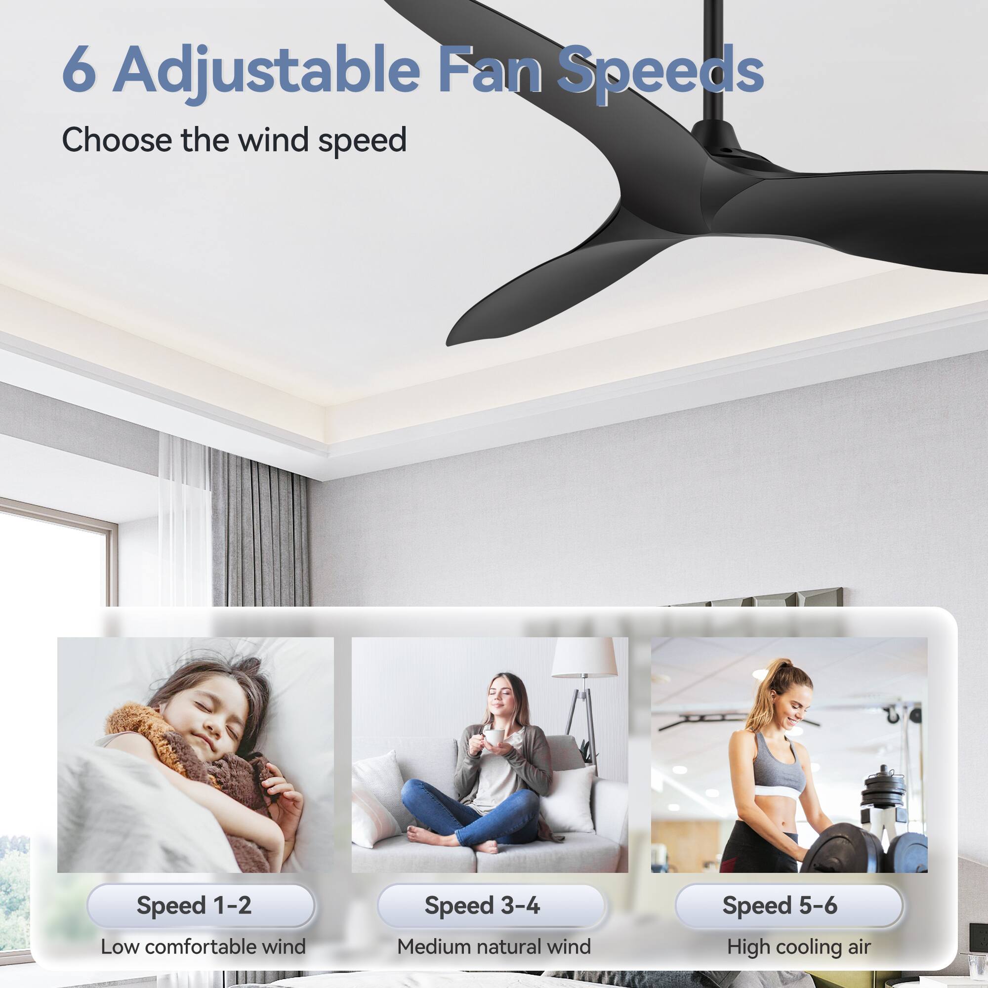 6 Adjustable Fan Speeds

Choose the wind speed

Speed 1-2 Low comfortable wind

Speed 3-4 Medium natural wind

Speed 5-6 High cooling air