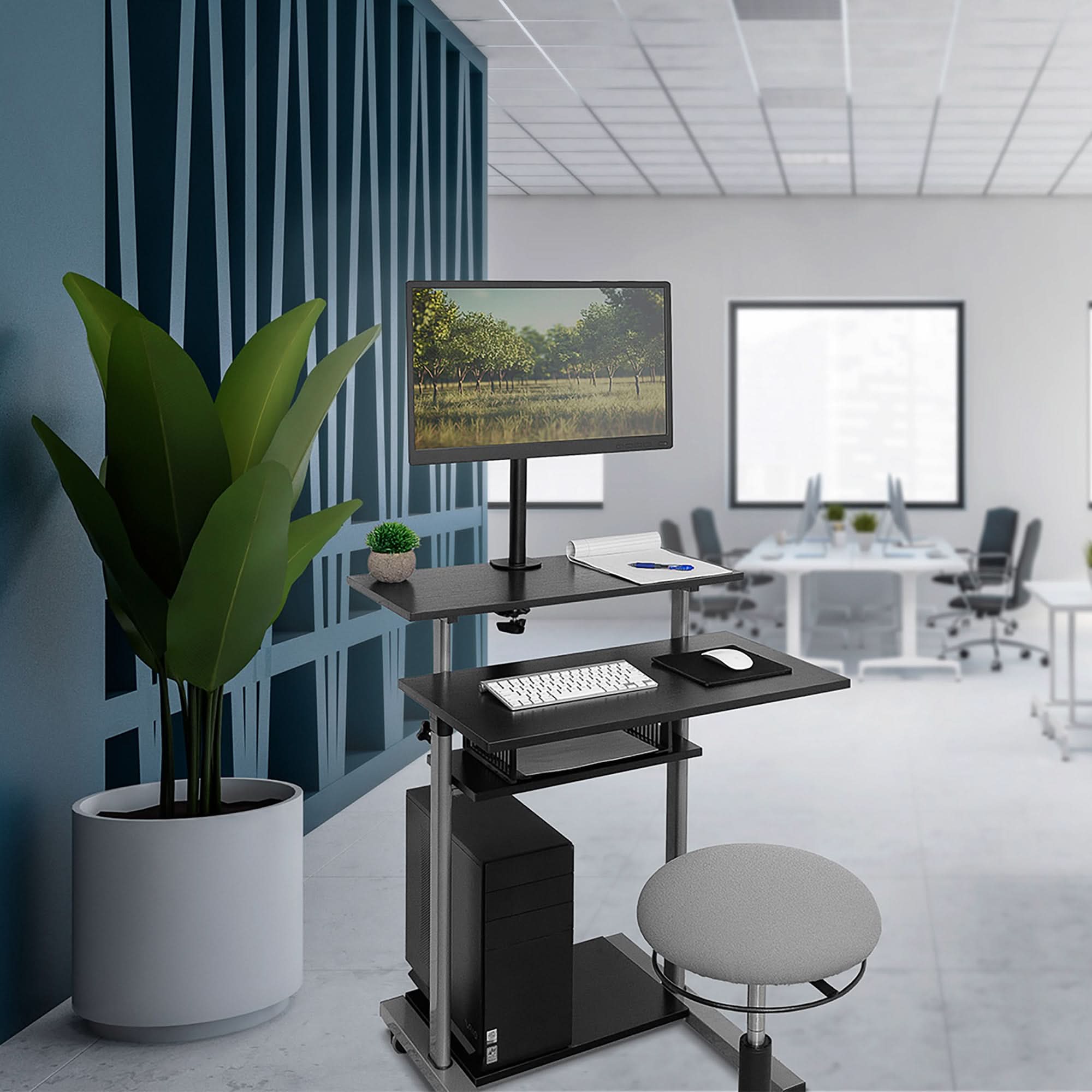 Angle. Mount-It! - Rolling Computer Workstation with Height Adjustment, Mobile Stand and Locking Casters for Office or Home, Silver - Silver.