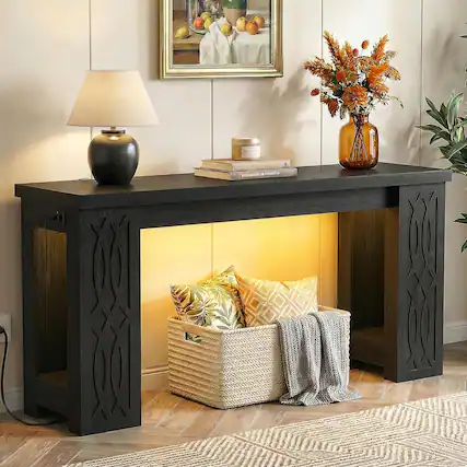 Front. Aheaplus - 63' Farmhouse Console Table - Narrow Entryway Table with Charging Station and RGB LED Lights - Black.