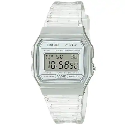 CASIO F-91W LIGHT ALARM CHRONOGRAPH
PM 5U 30 10:5850
MODE ALARM ON-OFF/24HR
WATER WR RESIST
