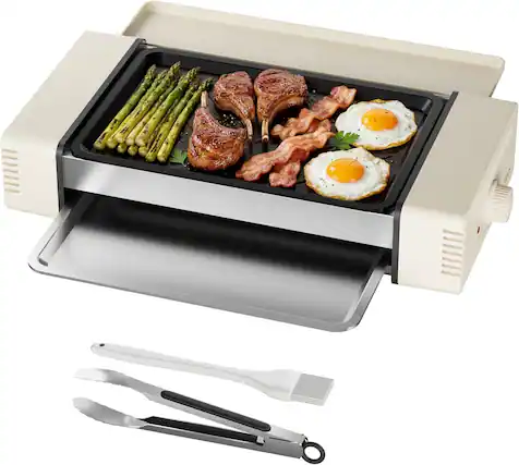 Front. HBN - HBN Indoor 3-in-1 Electric Grill, Grill Rack, Nonstick Griddle & Sausage Grill, Smokeless, Beige.