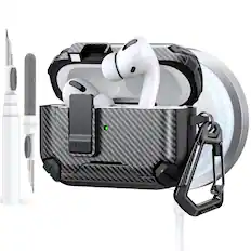 Front. Dteck - Case for Airpods Pro 3rd Gen (2025) with Magnetic Lock,Compatible with Mag Safe,Carbon Fiber Texture Cover + Carabiner - Black.