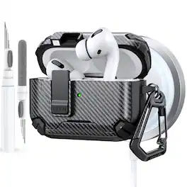 Dteck - Case for Airpods Pro 3rd Gen (2025) with Magnetic Lock,Compatible with Mag Safe,Carbon Fiber Texture Cover + Carabiner - Black