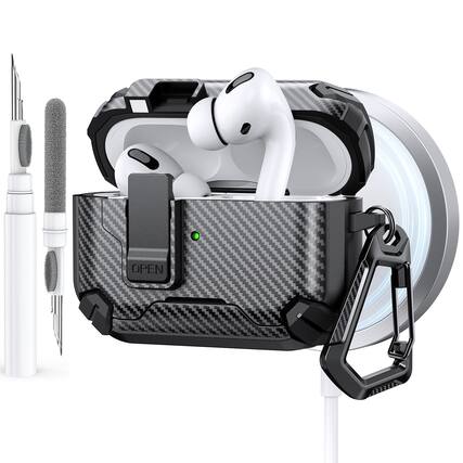 Front. Dteck - Case for Airpods Pro 3rd Gen (2025) with Magnetic Lock,Compatible with Mag Safe,Carbon Fiber Texture Cover + Carabiner - Black.