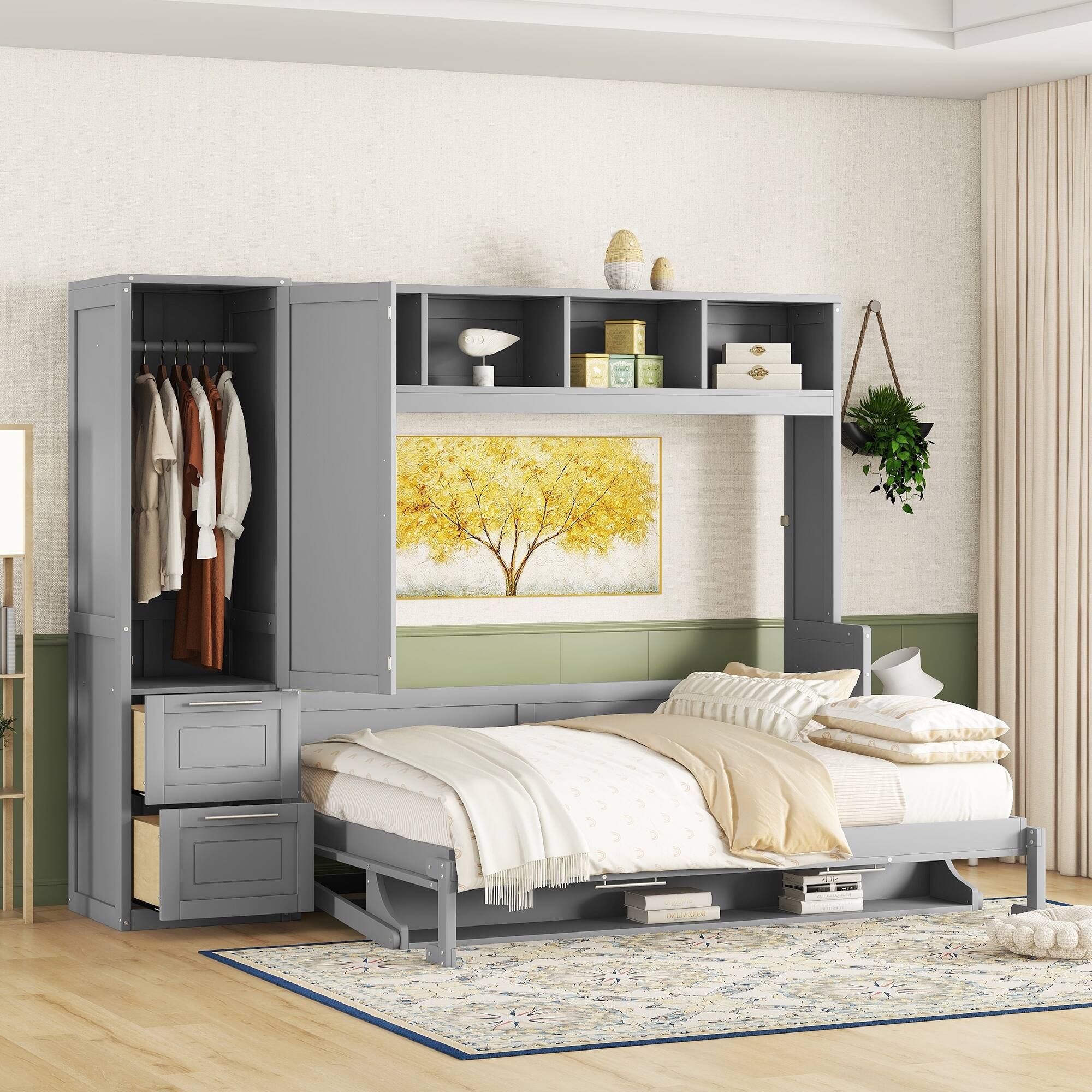 Left. Tiramisubest - Queen Size Murphy Bed with Closet and Drawers, Gray (112" L x 65" W x 79" H, 331 lbs) - Gray.