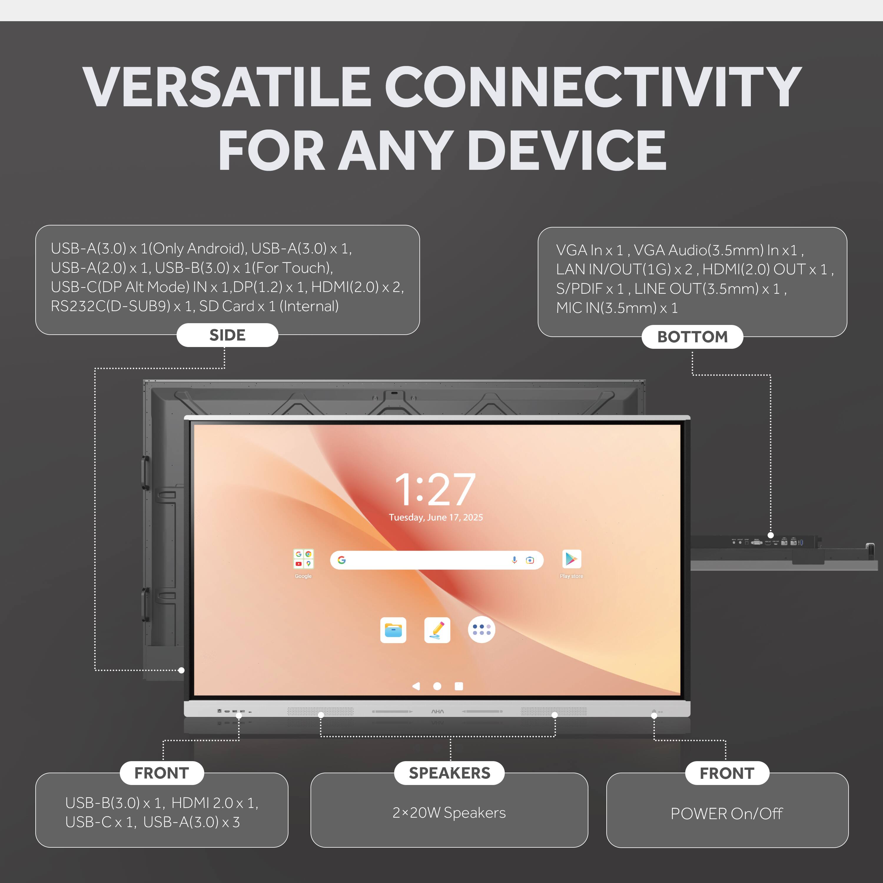 VERSATILE CONNECTIVITY FOR ANY DEVICE

**SIDE**
- USB-A(3.0) x 1 (Only Android)
- USB-A(3.0) x 1
- USB-A(2.0) x 1
- USB-B(3.0) x 1 (For Touch)
- USB-C(DP Alt Mode) IN x 1
- DP(1.2) x 1
- HDMI(2.0) x 2
- RS232C(D-SUB9) x 1
- SD Card x 1 (Internal)

**BOTTOM**
- VGA In x 1
- VGA Audio(3.5mm) In x 1
- LAN IN/OUT(1G) x 2
- HDMI(2.0) OUT x 1
- S/PDIF x 1
- LINE OUT(3.5mm) x 1
- MIC IN(3.5mm) x 1

**FRONT**
- USB-B(3.0) x 1
- HDMI 2.0 x 1
- USB-C x 1
- USB-A(3.0) x 3

**S