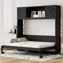 Whisen - Full Size Murphy Bed with Integrated Storage Cabinets, Space-Saving Foldable Wall Bed Frame - Black