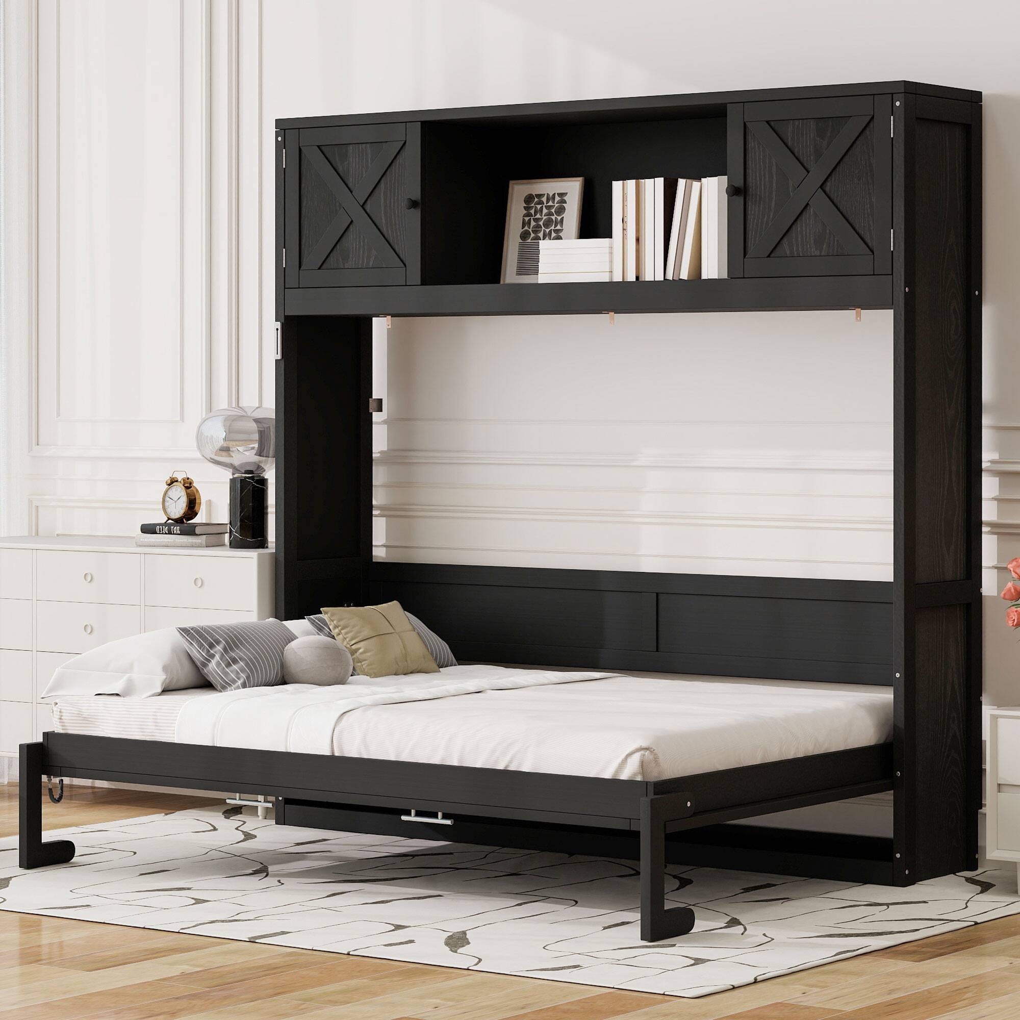 Angle. Whisen - Queen Size Murphy Bed with Storage Cabinets, X-Shaped Design Space-Saving Wall Bed for Guest Room - Black.