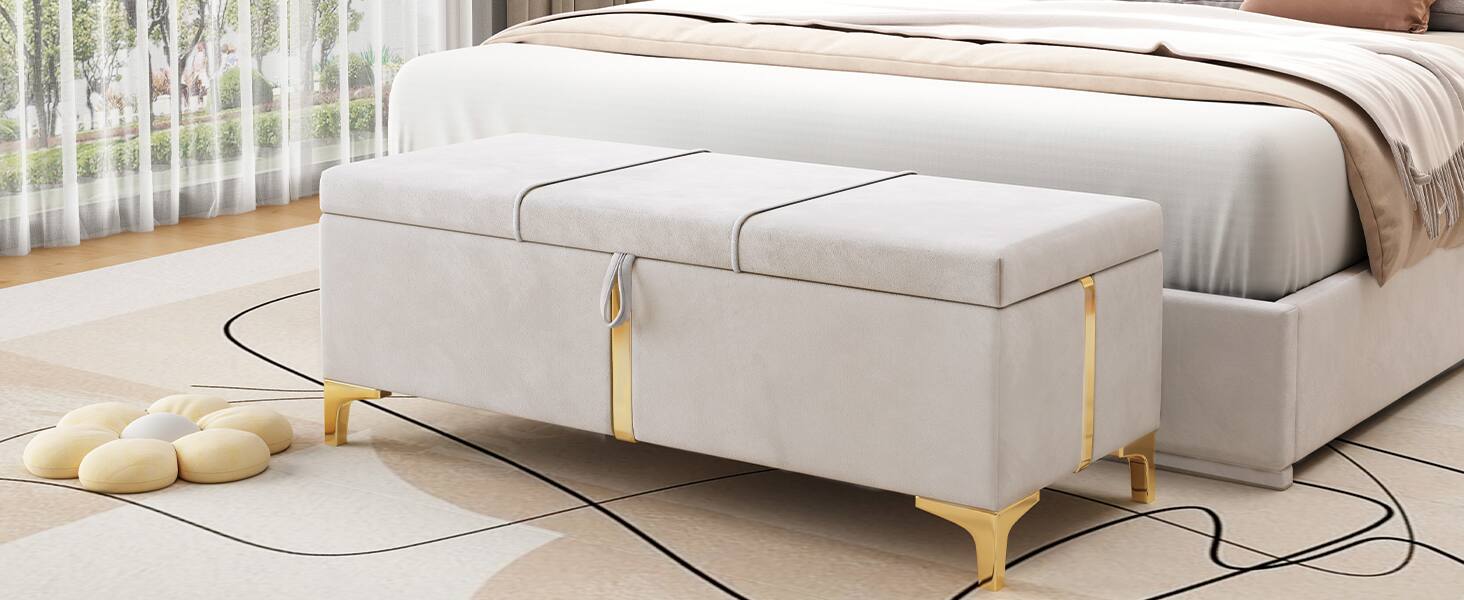 Alt View 8. GOODSILO - Elegant Upholstered Storage Ottoman Bench with Metal Legs - Beige.