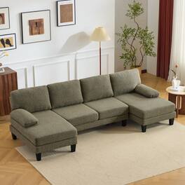 Winado - 112" Sectional Couches Chenille Upholstery U-Shape 4 Seat Sofa Set with Double Chaises & Wood Grain Legs for Living Room - Khaki