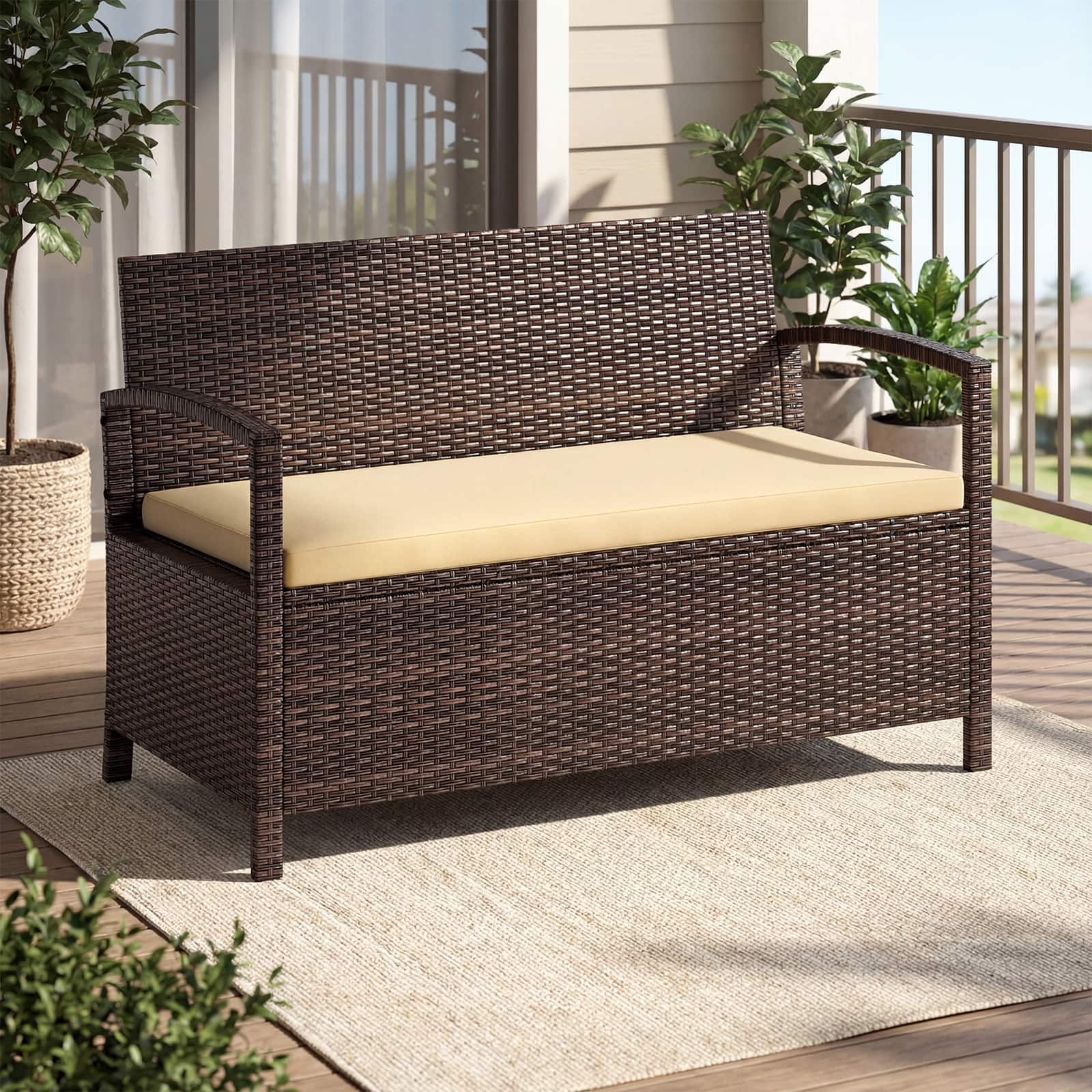 Gymax - 42 Gallon Outdoor Deck Box w/ Seating for Garden Tools & Pool Supplies for Front Porch Mix - Brown