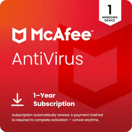 1 WINDOWS DEVICE
McAfee AntiVirus
1-Year Subscription
Subscription automatically renews. A payment method is required to complete activation — cancel anytime.