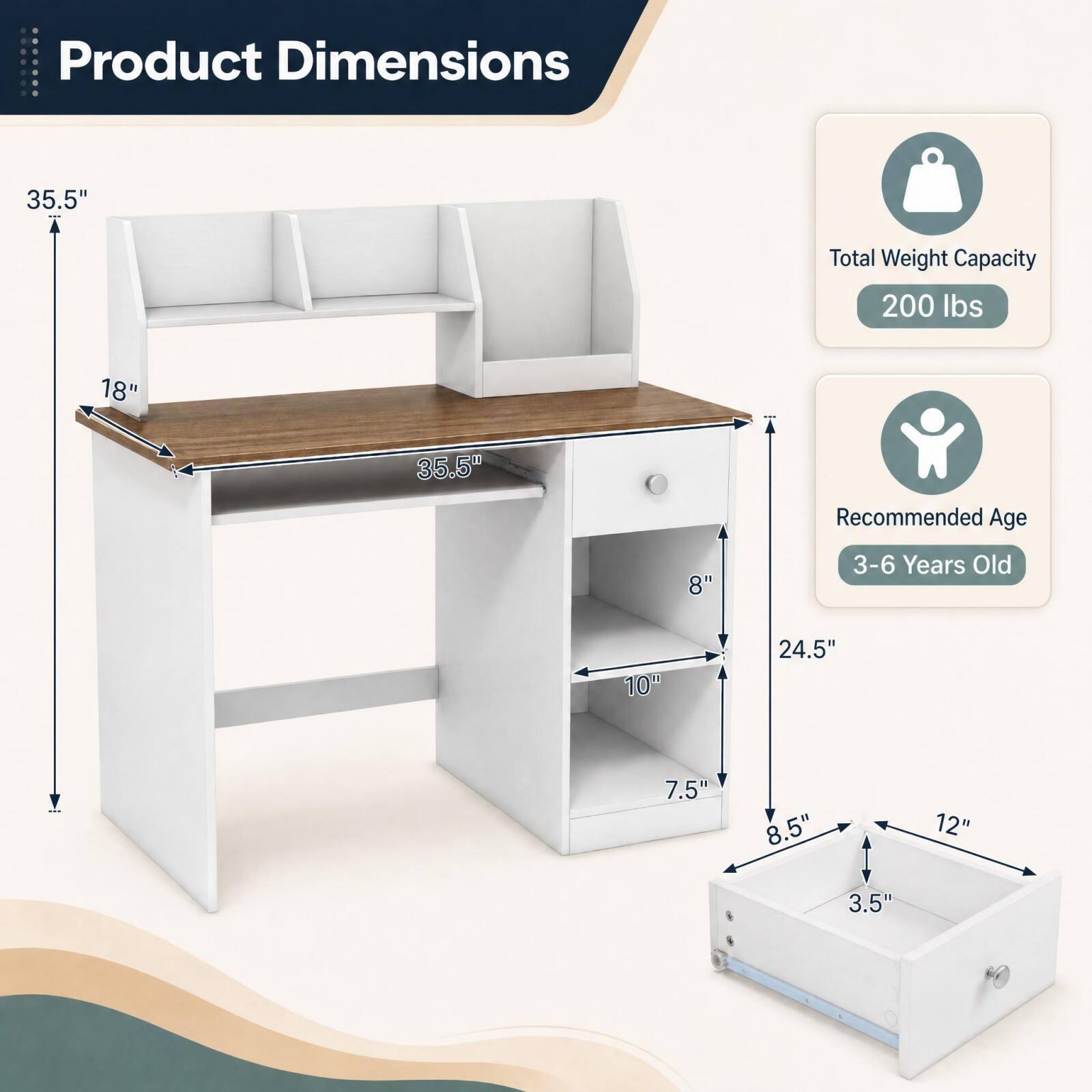 Product Dimensions
- 35.5"
- 18"
- 35.5"
- 8"
- 24.5"
- 7.5"
- 8.5"
- 12"
- 3.5"

Total Weight Capacity: 200 lbs

Recommended Age: 3-6 Years Old