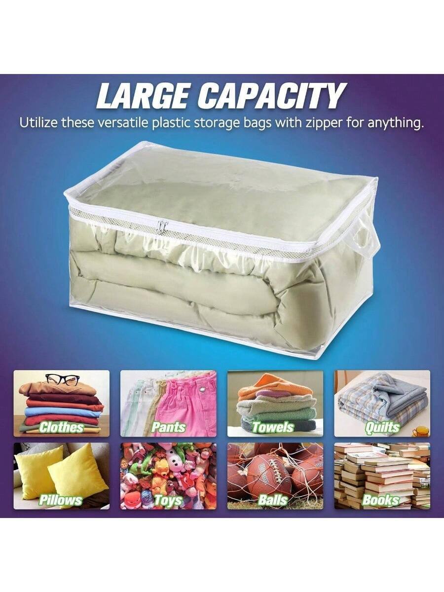 LARGE CAPACITY  
Utilize these versatile plastic storage bags with zipper for anything.  

- Clothes  
- Pants  
- Towels  
- Quilts  
- Pillows  
- Toys  
- Balls  
- Books