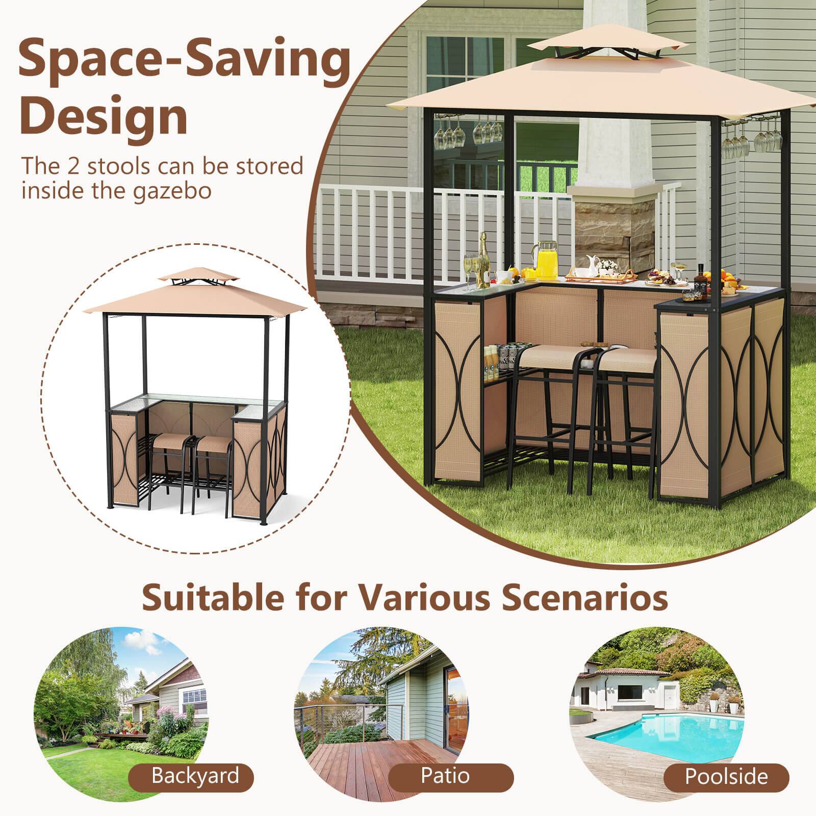 Space-Saving Design  
The 2 stools can be stored inside the gazebo  

Suitable for Various Scenarios  
Backyard  
Patio  
Poolside