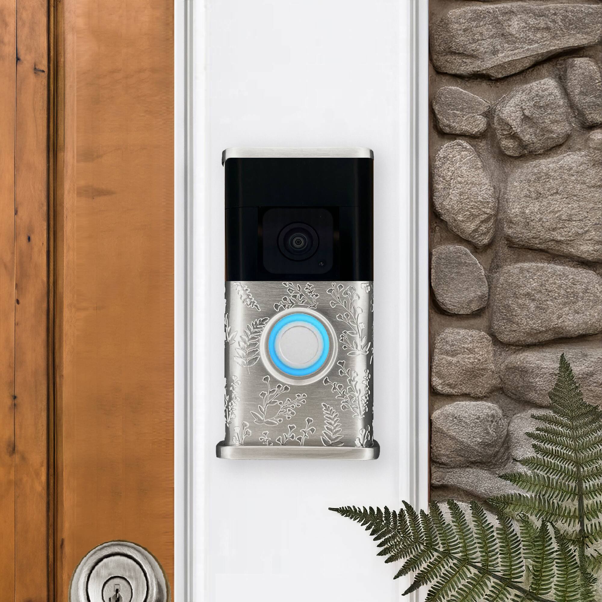Alt View 3. Michael Healy - Wildflower Video Doorbell Cover (Ring 3, 3 Plus, 4, Battery Plus, Battery Pro) - Nickel Silver.