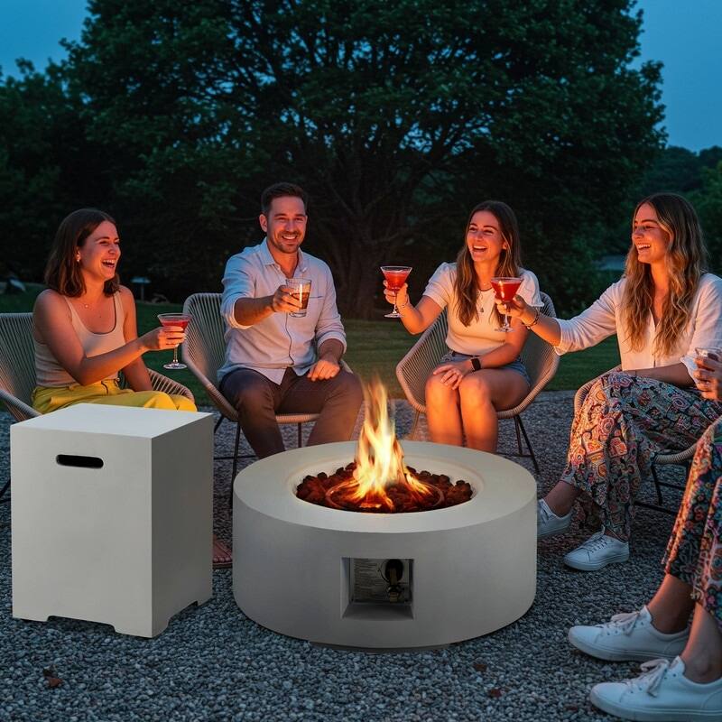 Alt View 1. U-HOMY - Round Propane Fire Pit Set with Side Cabinet – Outdoor Patio Heating for Backyard - Table And Cabinet.