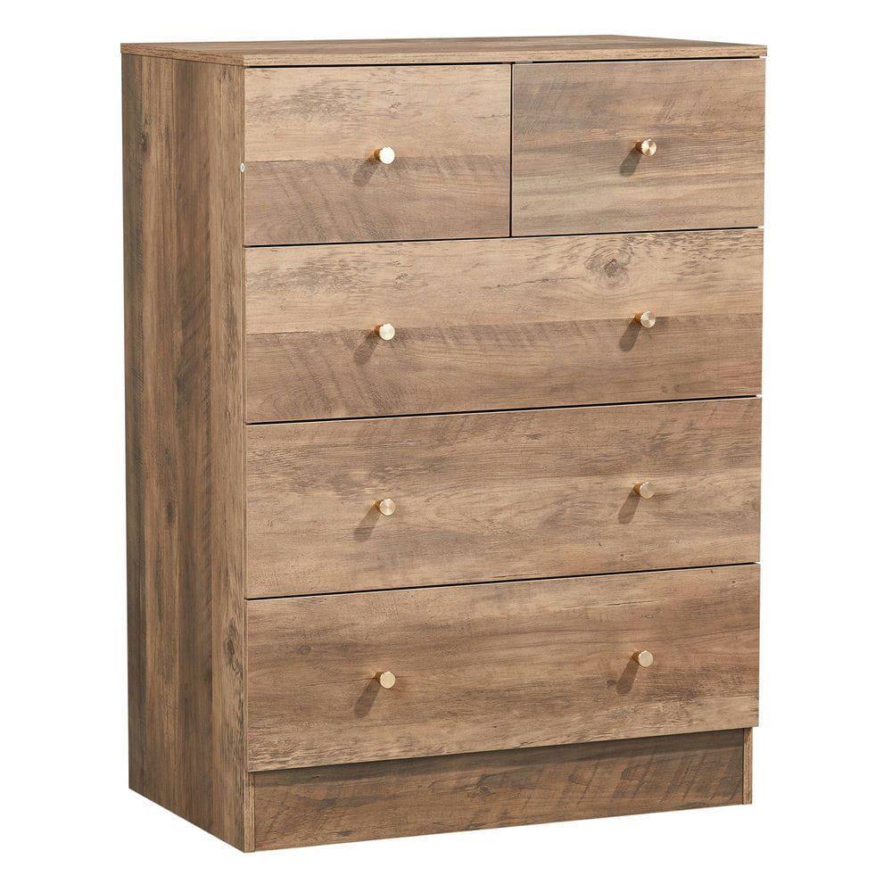 Alt View 5. Kadyn - 5-Drawer Tall Dresser, 3+2 Storage Cabinet with Matte Gold Pulls, Linen Texture - Gray - Gray.