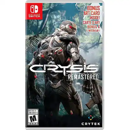 NINTENDO SWITCH
CRYSIS REMASTERED
BONUS ART CARD INSIDE!
CARTE D'ART BONUS À L'INTÉRIEUR!
MATURE 17+
JEUNES ADULTES 17+
M ESRB
CRYTEK - M (Mature 17+)