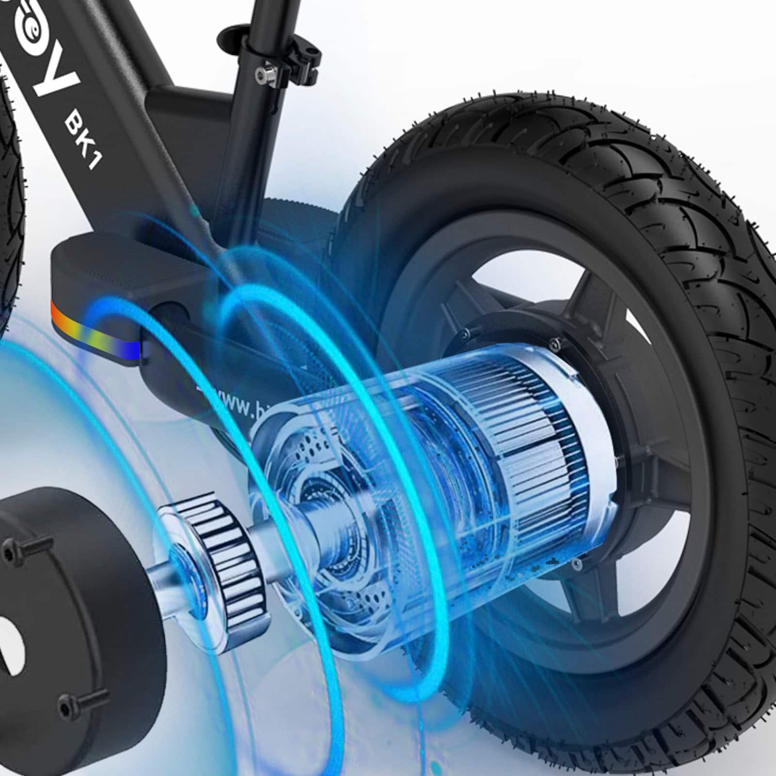 The text on the image reads "Dy BK1 ww.b". This is likely a reference to the BK1 wheel, which is a part of a motorized scooter or bike. The wheel is shown in a close-up view, highlighting its details and features.