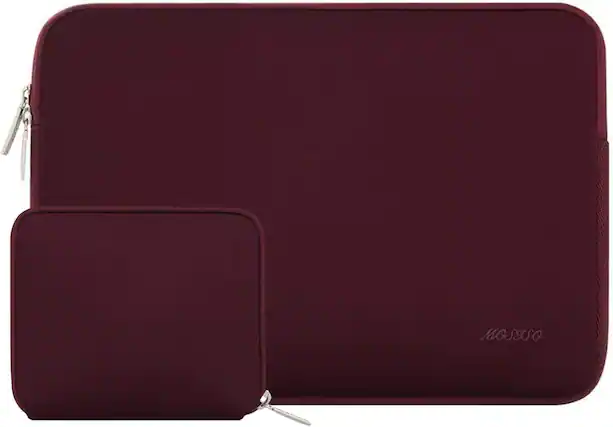 Front. mosiso - 15 inch Laptop Sleeve with Neoprene Padding and Small Accessory Pouch - Wine Red.