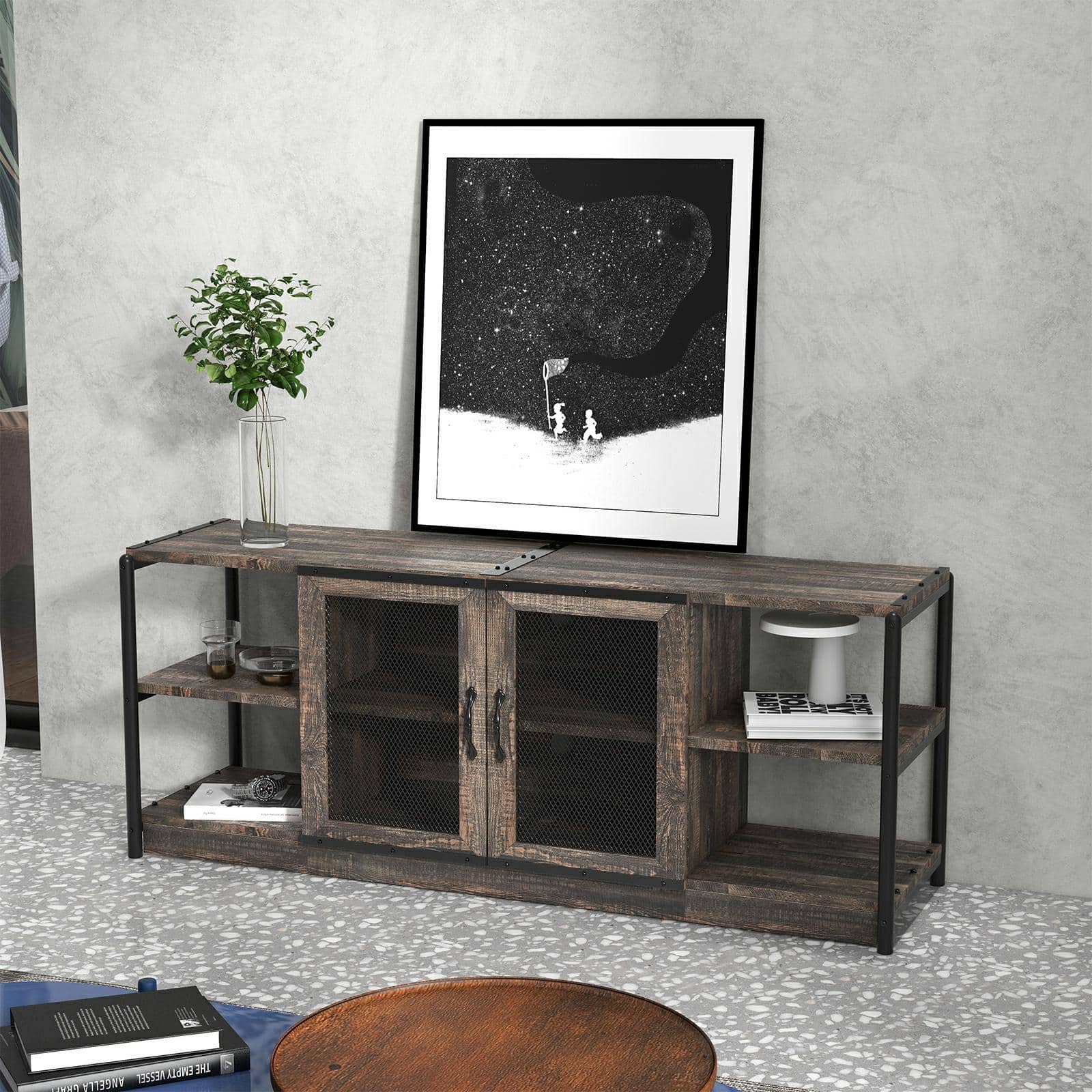 Acekool - 63" Farmhouse Style TV Console Table, TV Stand with Shelves - Dark Brown