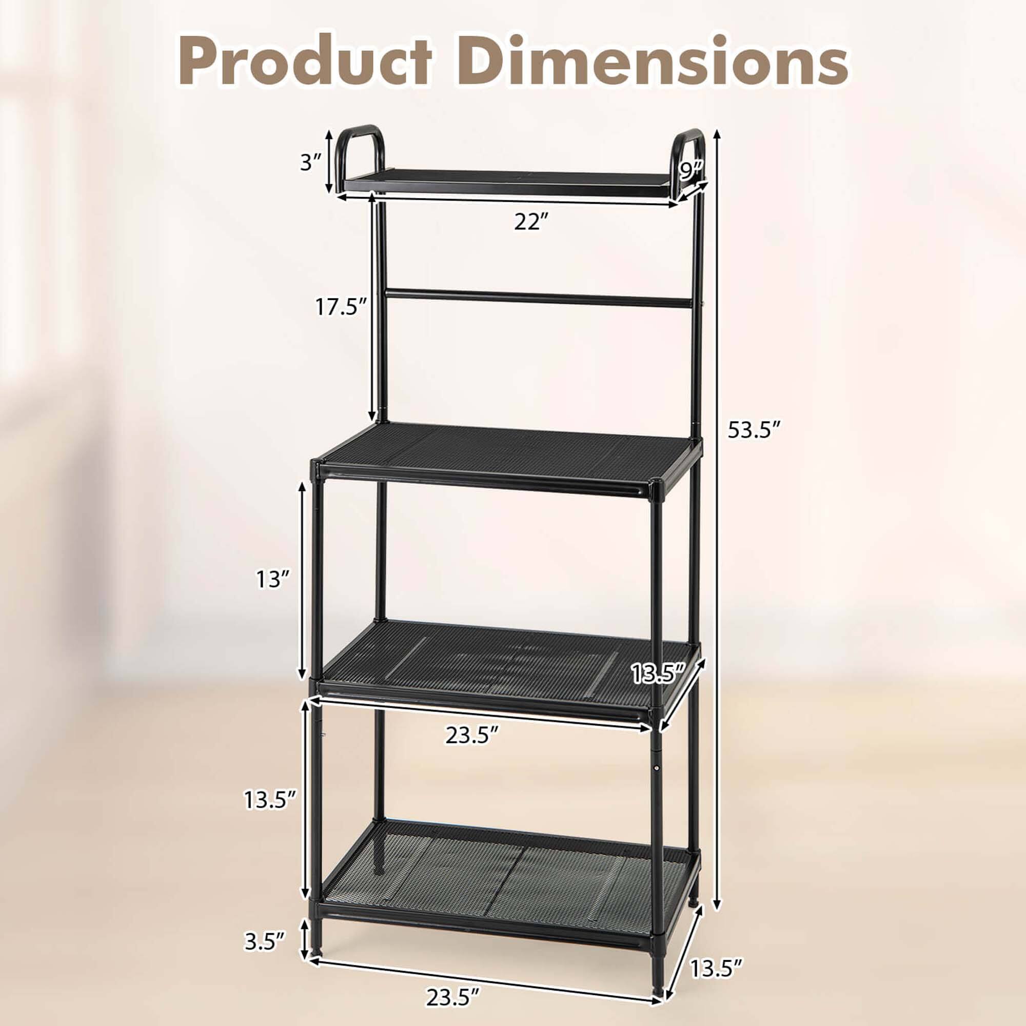 Product Dimensions

- Width: 22"
- Depth: 17.5"
- Height: 53.5"
- Shelf Spacing: 13"
- Shelf Depth: 13.5"
- Shelf Width: 23.5"
- Overall Height: 53.5"
- Overall Width: 22"
- Overall Depth: 17.5"
- Shelf Thickness: 3.5"