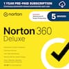 Norton 360 Deluxe offers a 1-year pre-paid subscription that automatically renews each year. It includes advanced AI scam protection, parental controls, dark web monitoring, secure VPN for online privacy, virus, malware, spyware, and ransomware protection, and 50 GB PC cloud backup. The subscription covers 5 devices.