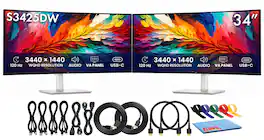 Dell - 34" Plus Curved Monitor, S3425DW, WQHD 3440x1440 Bundle (2 Pack) - Black