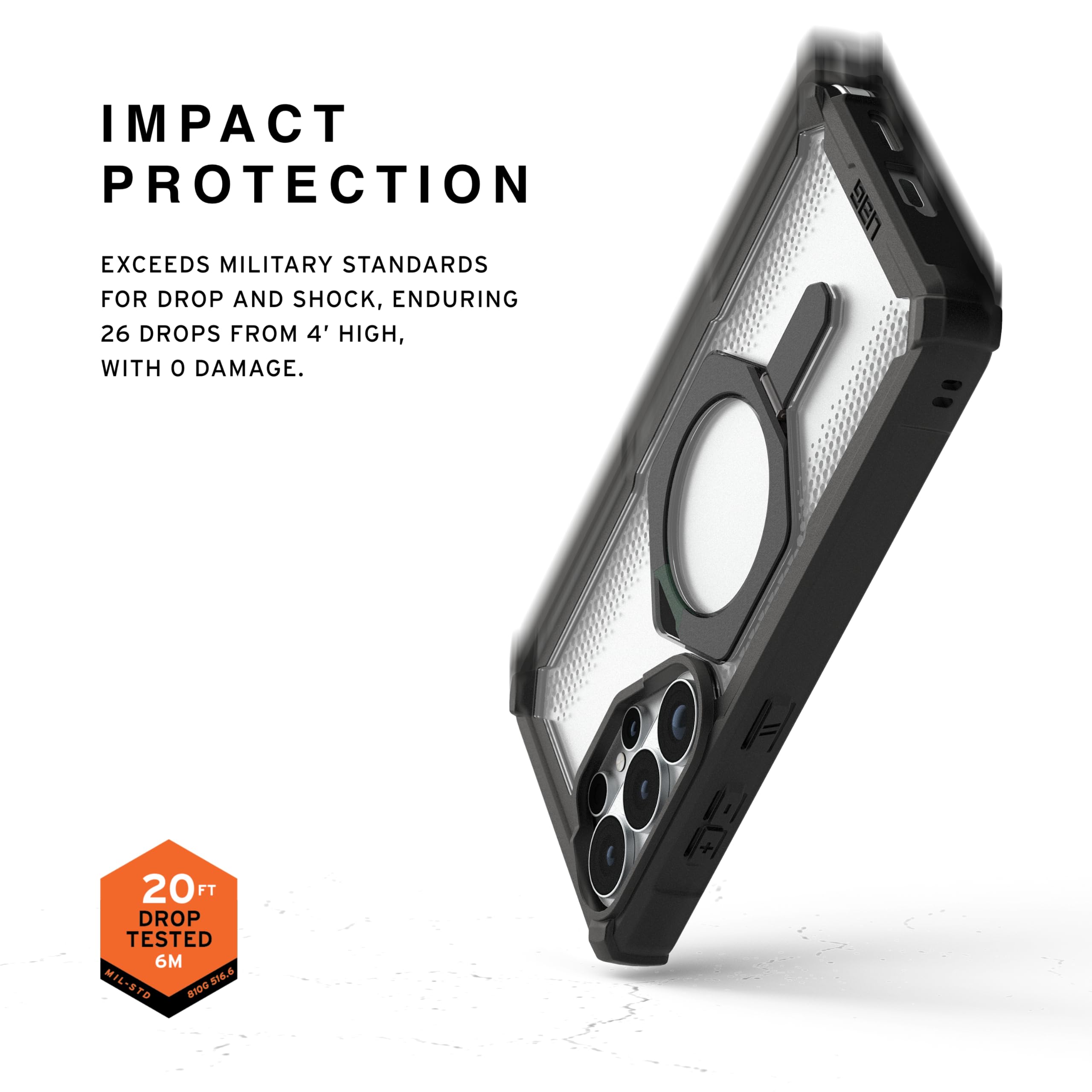 IMPACT PROTECTION

EXCEEDS MILITARY STANDARDS FOR DROP AND SHOCK, ENDURING 26 DROPS FROM 4' HIGH, WITH 0 DAMAGE.

20 FT DROP TESTED 6M
MIL-STD 810G