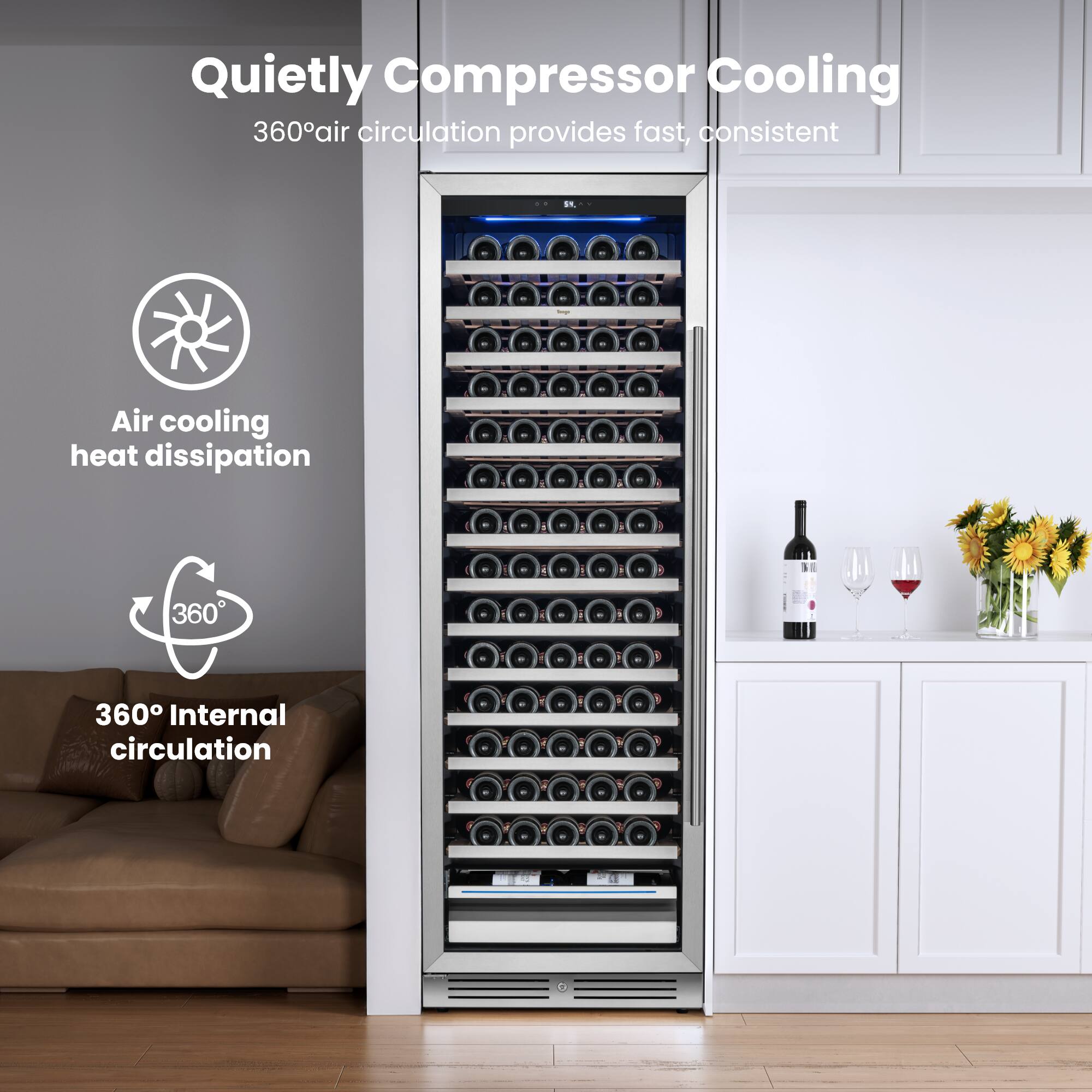 Quietly Compressor Cooling  
360° air circulation provides fast, consistent air cooling heat dissipation  
360° Internal circulation