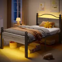 Pinmoco - Queen Metal Platform Bed Frame with LED Headboard, 16.5" Storage & Charging Station - Gray - Front_Zoom