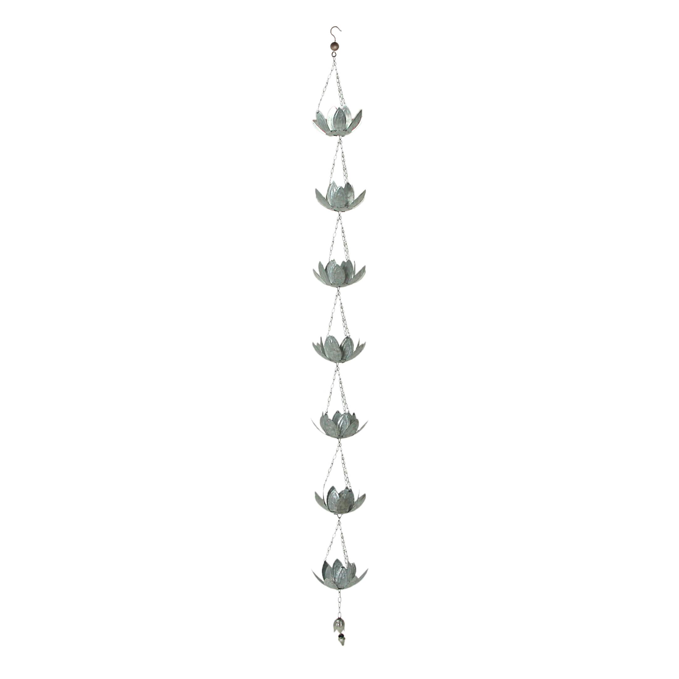 Zeckos - 70 Inch Galvanized Metal Flower Rain Chain Gutter Home Decor Downspout Accent - Silver
