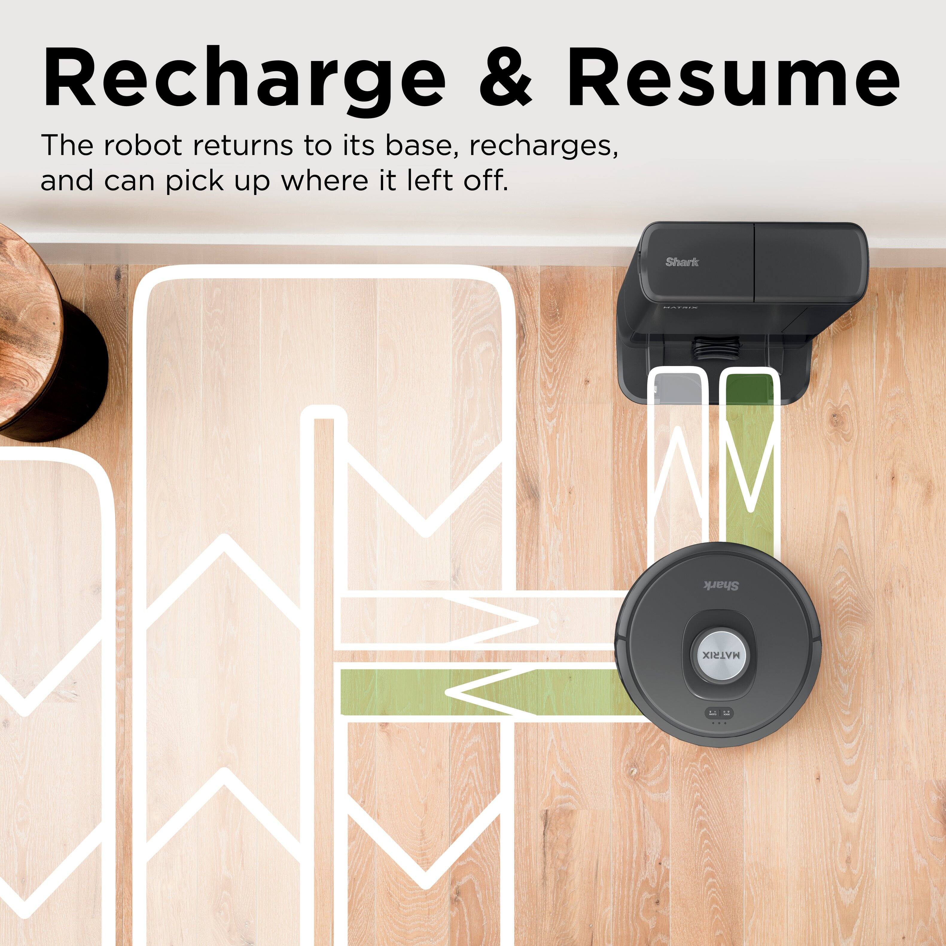 Recharge & Resume: The robot returns to its base, recharges, and can pick up where it left off. Shark Shark MATRIX 3.