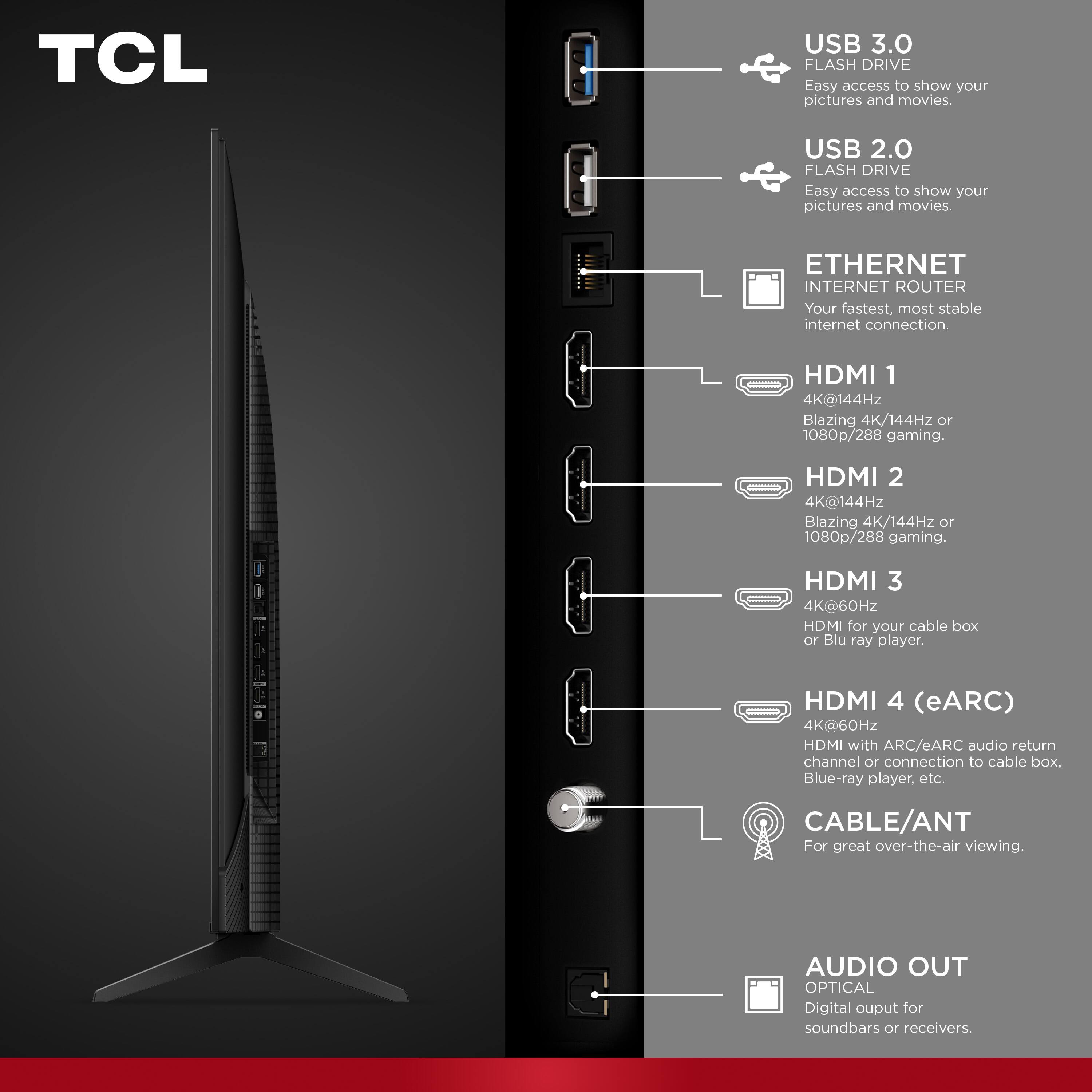 TCL

USB 3.0 FLASH DRIVE
Easy access to show your pictures and movies.

USB 2.0 FLASH DRIVE
Easy access to show your pictures and movies.

ETHERNET INTERNET ROUTER
Your fastest, most stable internet connection.

HDMI 1
4K@144Hz
Blazing 4K/144Hz or 1080p/288 gaming.

HDMI 2
4K@144Hz
Blazing 4K/144Hz or 1080p/288 gaming.

HDMI 3
4K@60Hz
HDMI for your cable box or Blu-ray player.

HDMI 4 (eARC)
4K@60Hz
HDMI with ARC/eARC audio return channel or connection to cable box, Blue-ray player, etc.

CABLE/ANT
For great over-the-air viewing.

AUDIO OUT OPTICAL
Digital output for soundbars or receivers.