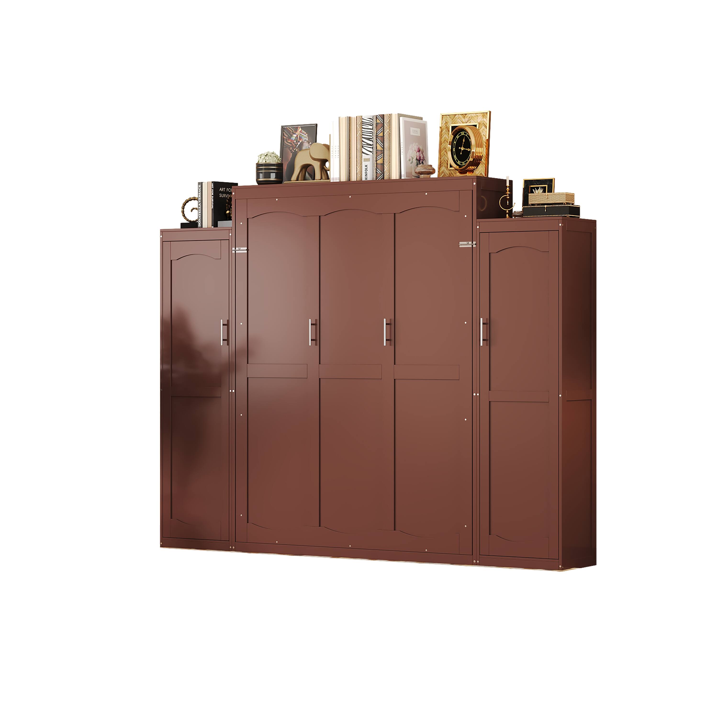 Alt View 2. Tiramisubest - Queen Size Murphy Bed with 2 Wardrobe and Storage Shelf, Multifunctional Foldable Platform Bedframe, Walnut - Walnut.