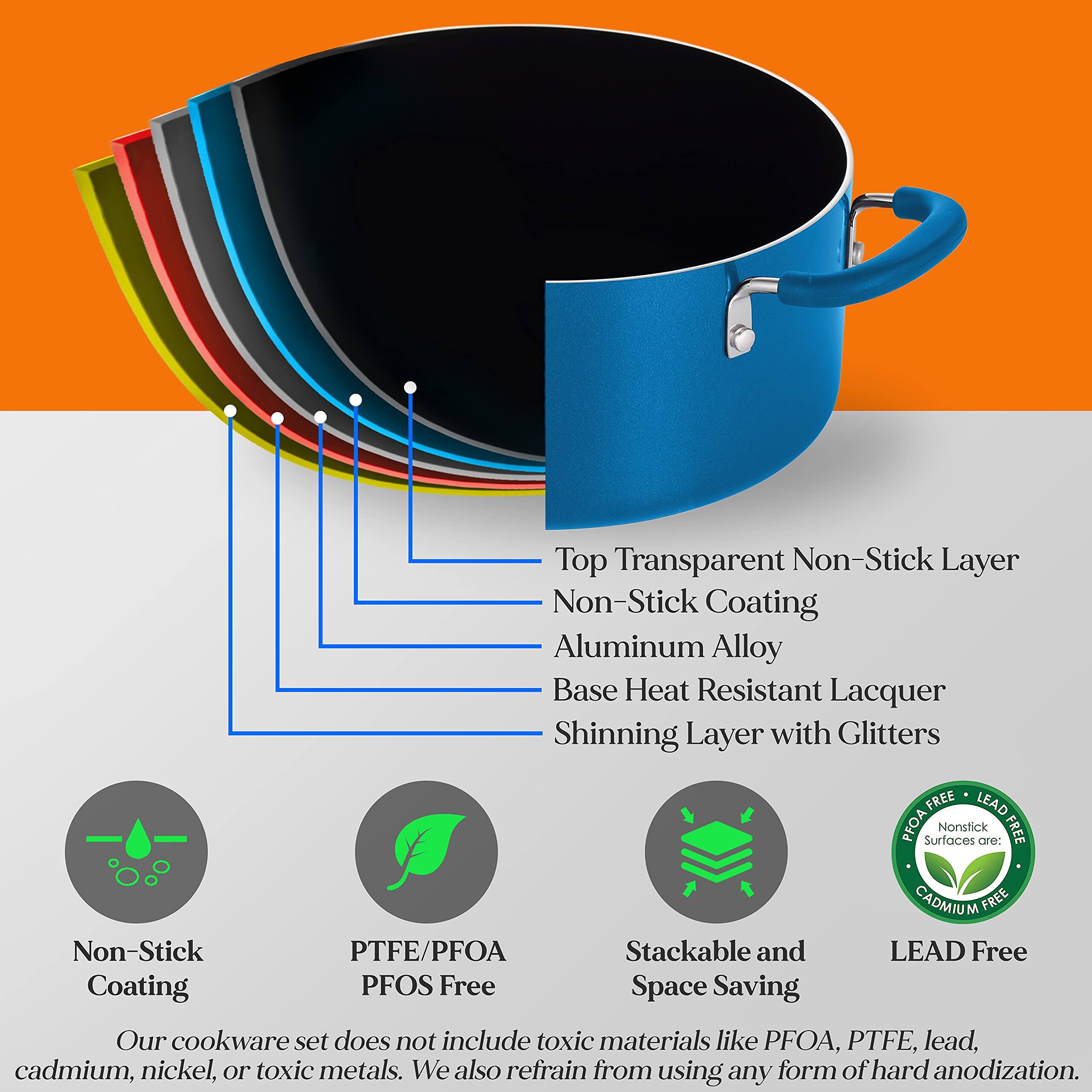 Top Transparent Non-Stick Layer, Non-Stick Coating, Aluminum Alloy, Base Heat Resistant Lacquer, Shinning Layer with Glitters, Non-Stick Coating, PTFE/PFOA, PFOS Free, Stackable and Space Saving, LEAD Free, LEAD Free, CADMIUM FREE, Our cookware set does not include toxic materials like PFOA, PTFE, lead, cadmium, nickel, or toxic metals. We also refrain from using any form of hard anodization.