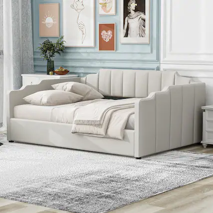 Front. Whisen - Full Size Upholstered Daybed with Underneath Storage for Bedroom and Guest Room - Beige.