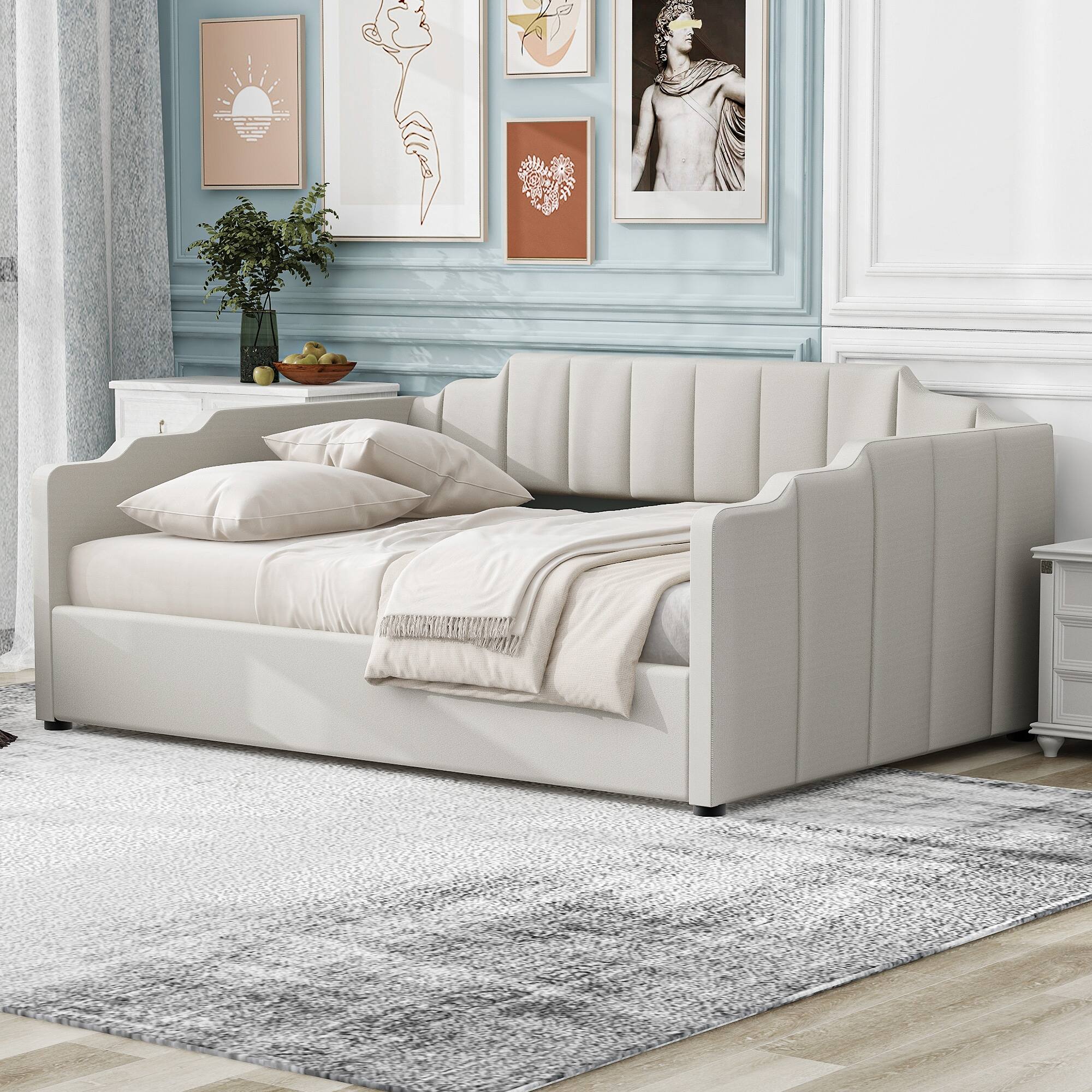Front. Whisen - Full Size Upholstered Daybed with Underneath Storage for Bedroom and Guest Room - Beige.