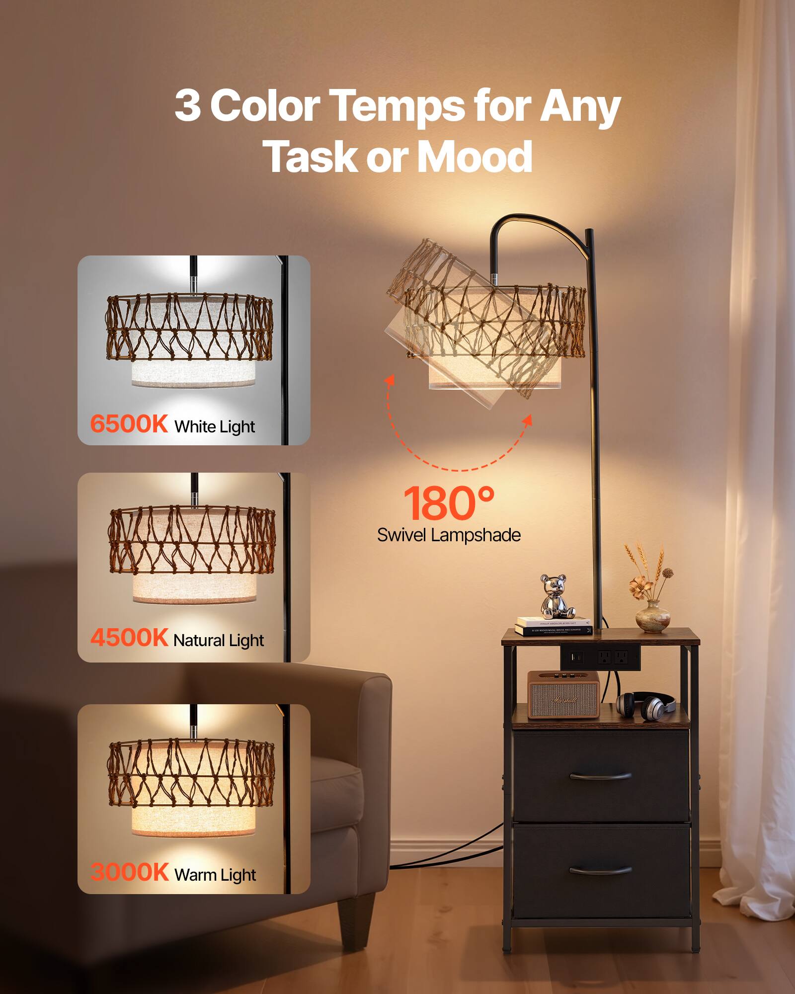 3 Color Temps for Any Task or Mood

- 6500K White Light
- 4500K Natural Light
- 3000K Warm Light

180° Swivel Lampshade