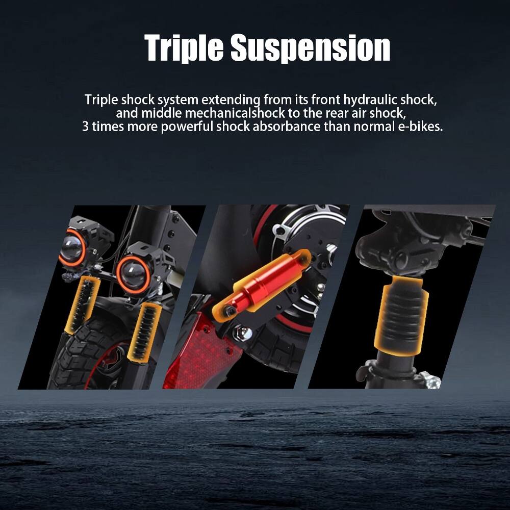 Triple Suspension

Triple shock system extending from its front hydraulic shock, and middle mechanical shock to the rear air shock, 3 times more powerful shock absorbance than normal e-bikes.