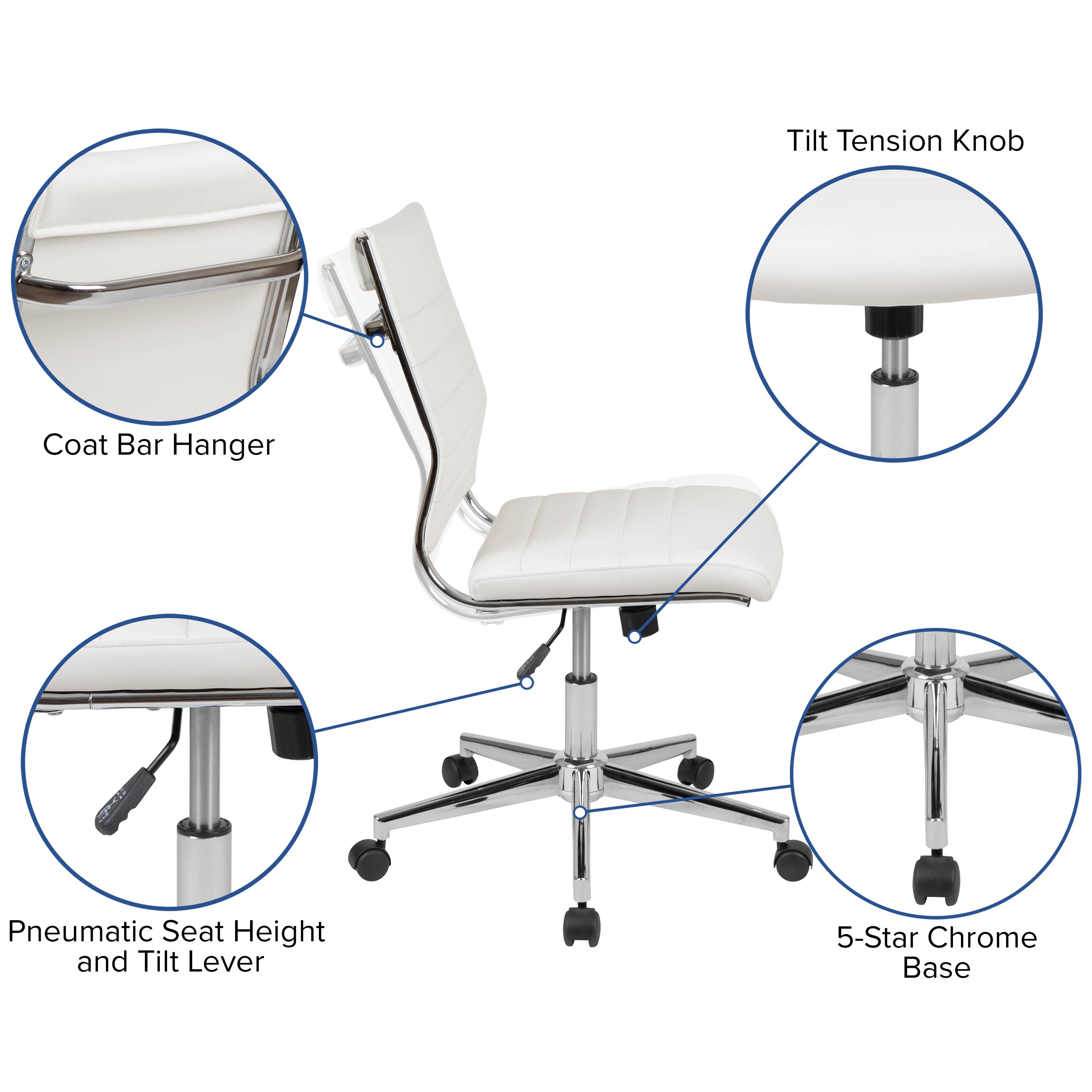 - Tilt Tension Knob
- Coat Bar Hanger
- Pneumatic Seat Height and Tilt Lever
- 5-Star Chrome Base