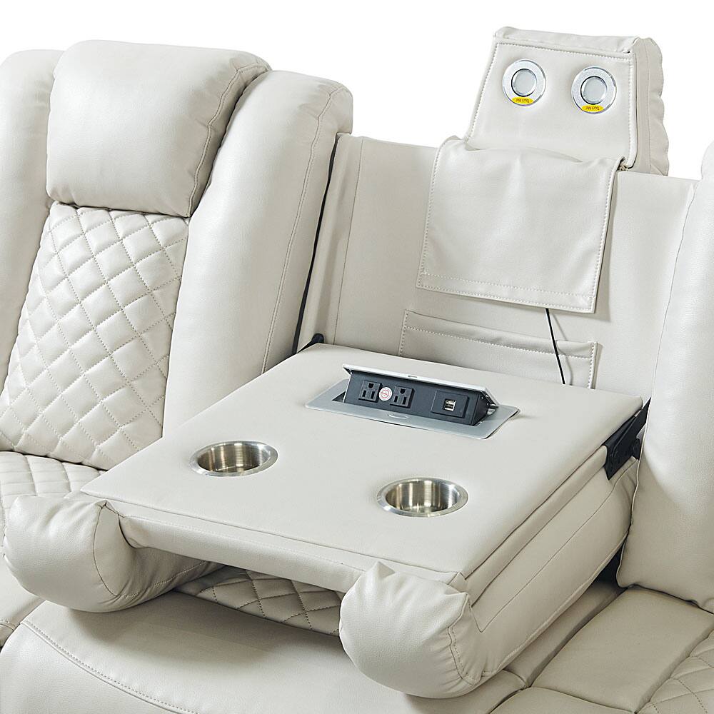 Back. Elements - Carlo Power Motion Sofa with Power Headrest - Pebble Oyster - White.